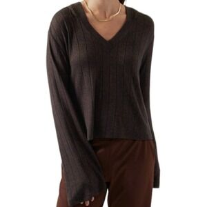 Athleta Harmony Ribbed V Neck Hoodie Long Sleeve Cropped Flare Sleeve Top Size S